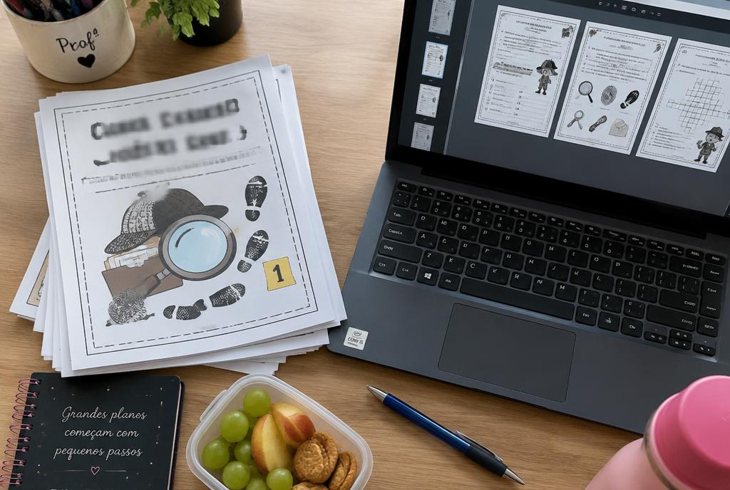 Imagem ilustrativa gerada por IA de folhas impressas e um notebook